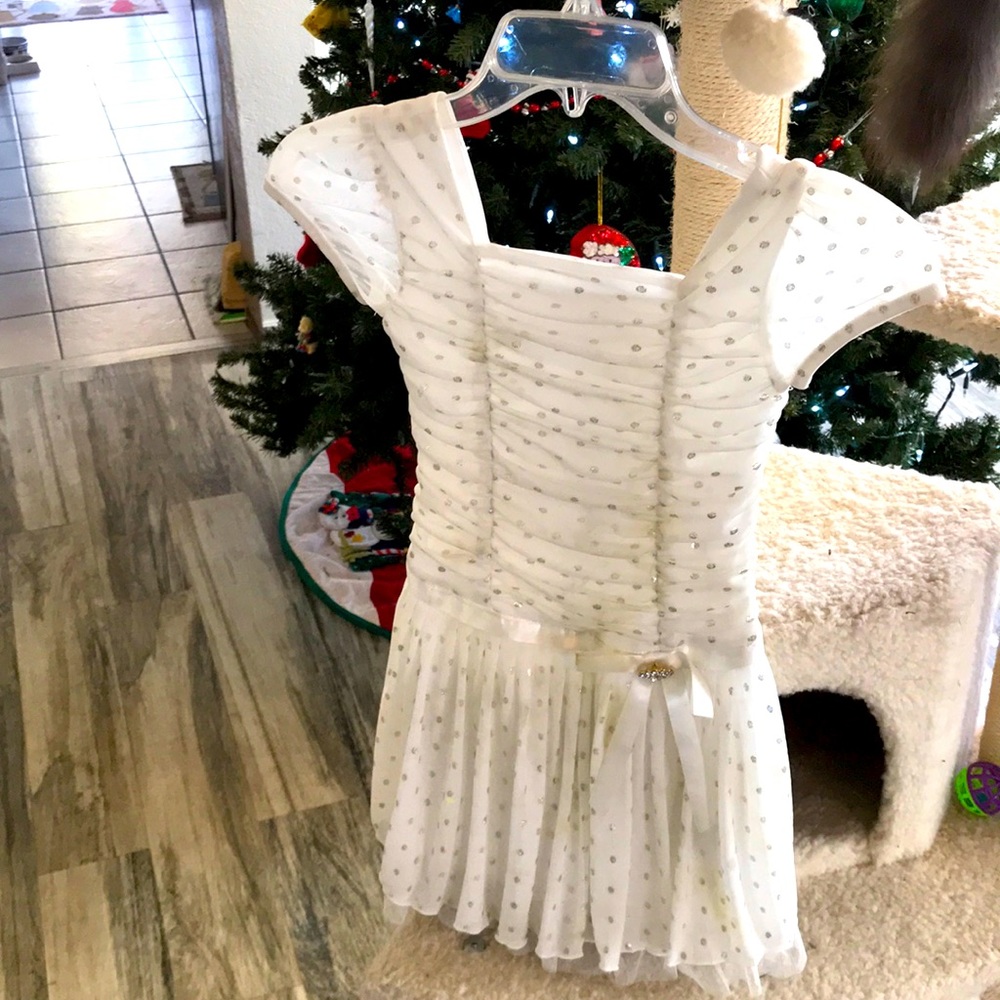 WHITE DRESS WITH SILVER SPARKLE POLKA DOTS